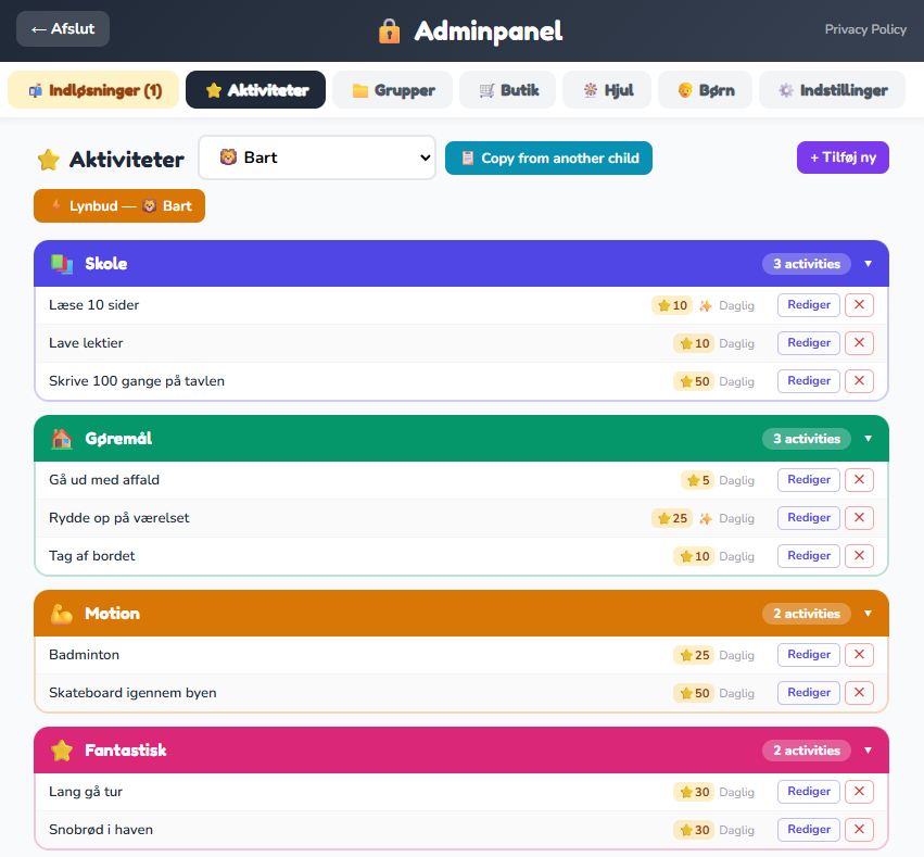 Admin aktivitetsliste